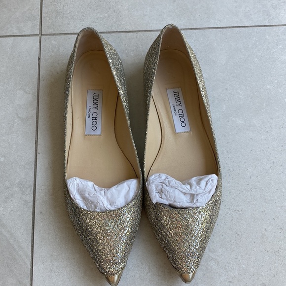 Jimmy Choo Classic Champagne Glitter Fabric Flat 37.5 - Picture 7 of 8